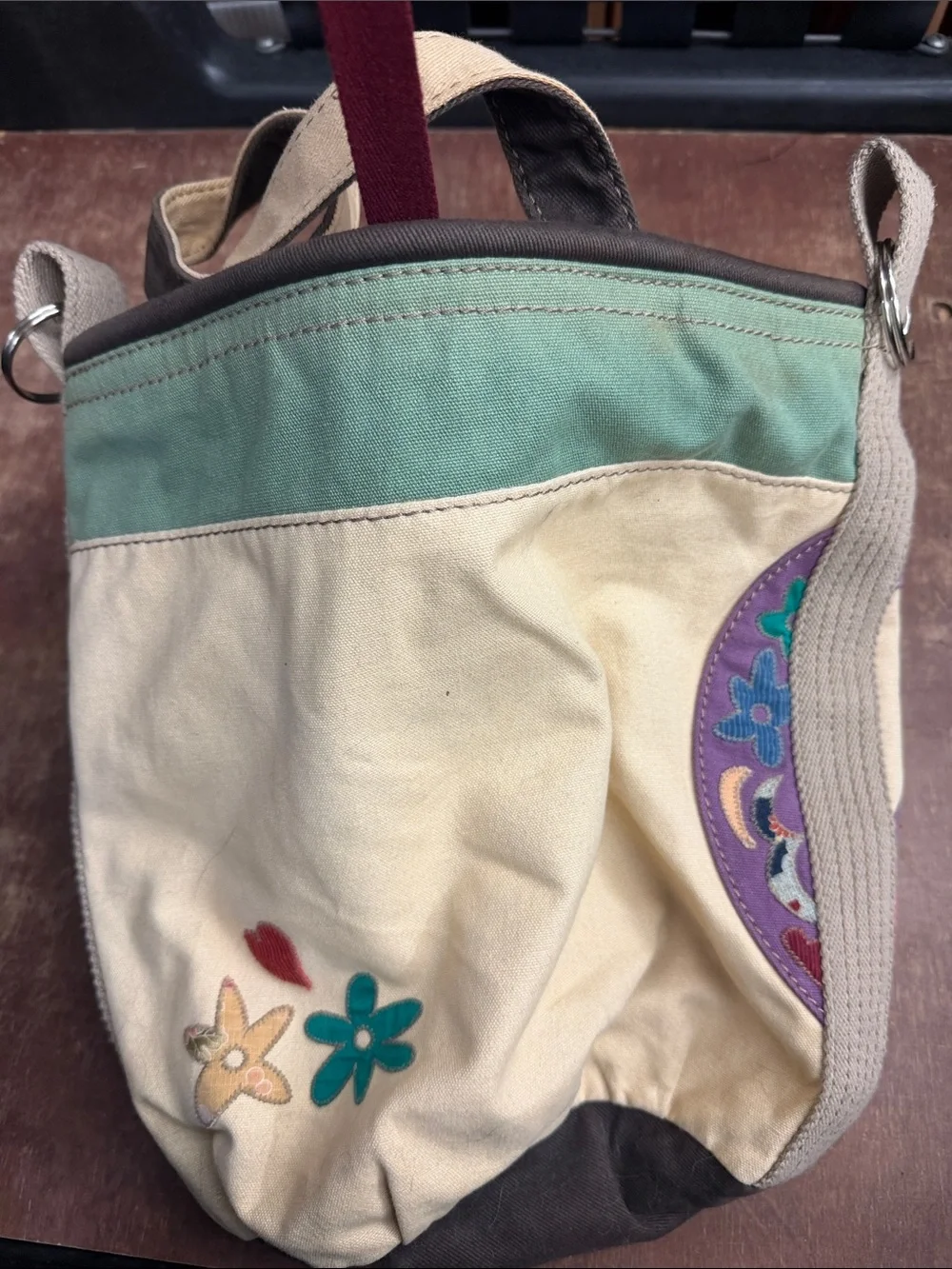 Lucky Brand Cream Canvas Tote with Purple Peace Sign and Green Trim - Picture 4 of 10
